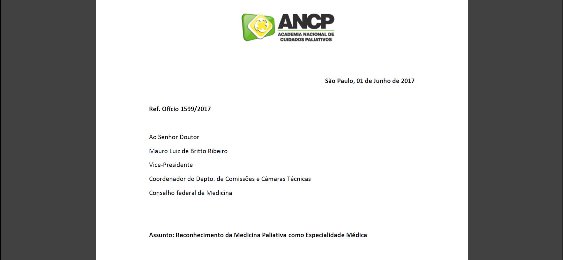 ANCP envia ao CFM carta sobre reconhecimento da medicina paliativa como especialidade médica