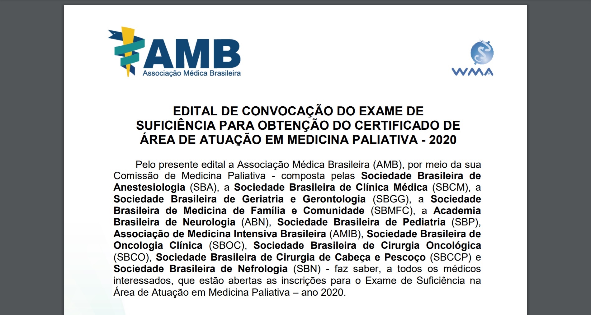 Edital de convocação do exame de suficiência para obtenção do certificado de área de atuação em Medicina Paliativa 2020 divulgado