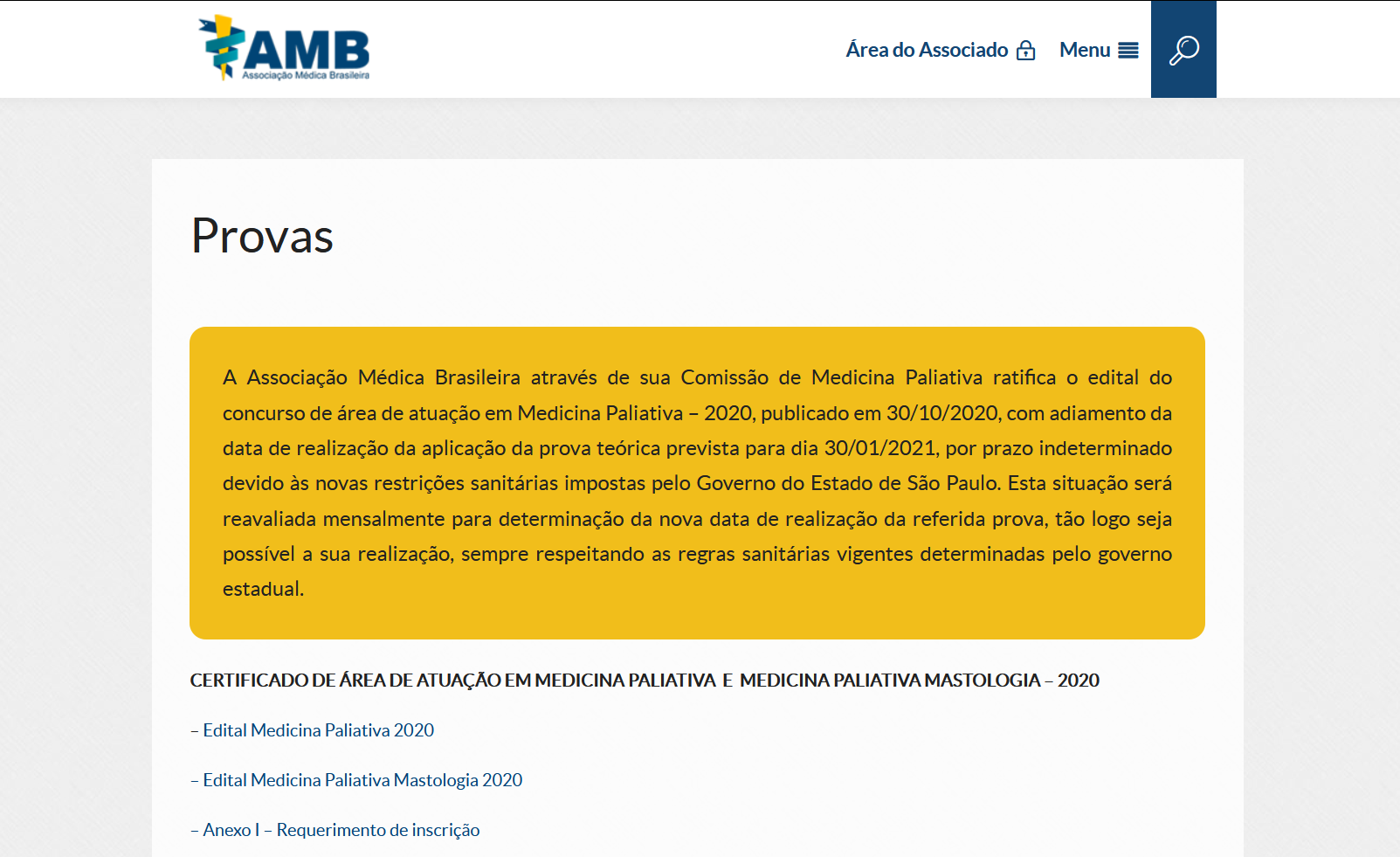 AMB através de informe comunica o adiamento da data de realização da prova teórica de área de atuação em Medicina Paliativa – 2020