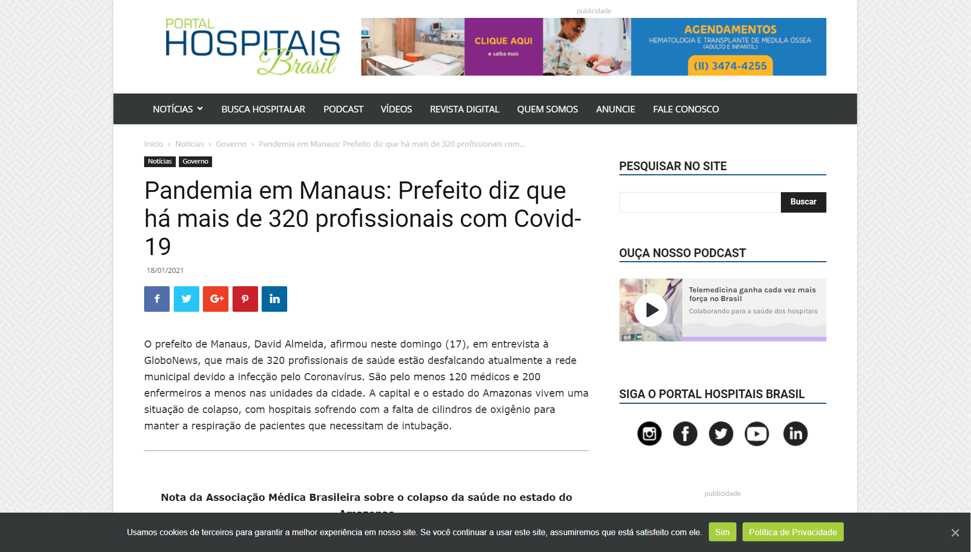 Pandemia em Manaus: Prefeito diz que há mais de 320 profissionais com Covid-19