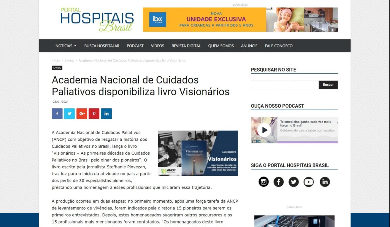 Academia Nacional de Cuidados Paliativos disponibiliza livro Visionários