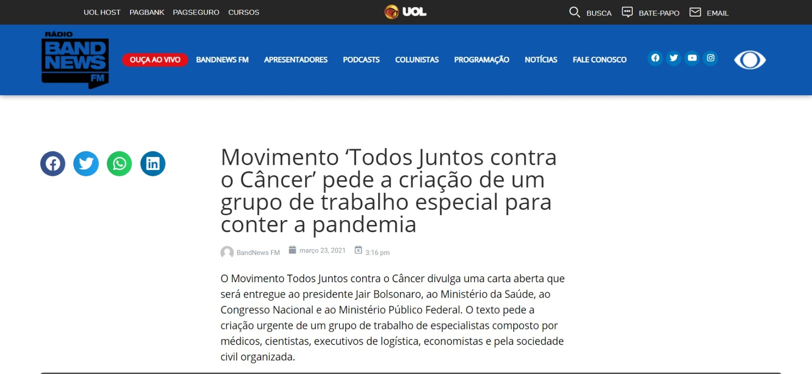 Movimento ‘Todos Juntos contra o Câncer’ pede a criação de um grupo de trabalho especial para conter a pandemia