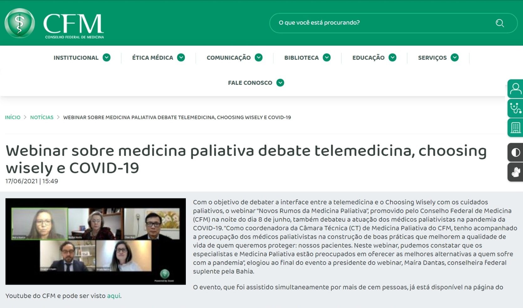 Webinar sobre medicina paliativa debate telemedicina, choosing wisely e COVID-19
