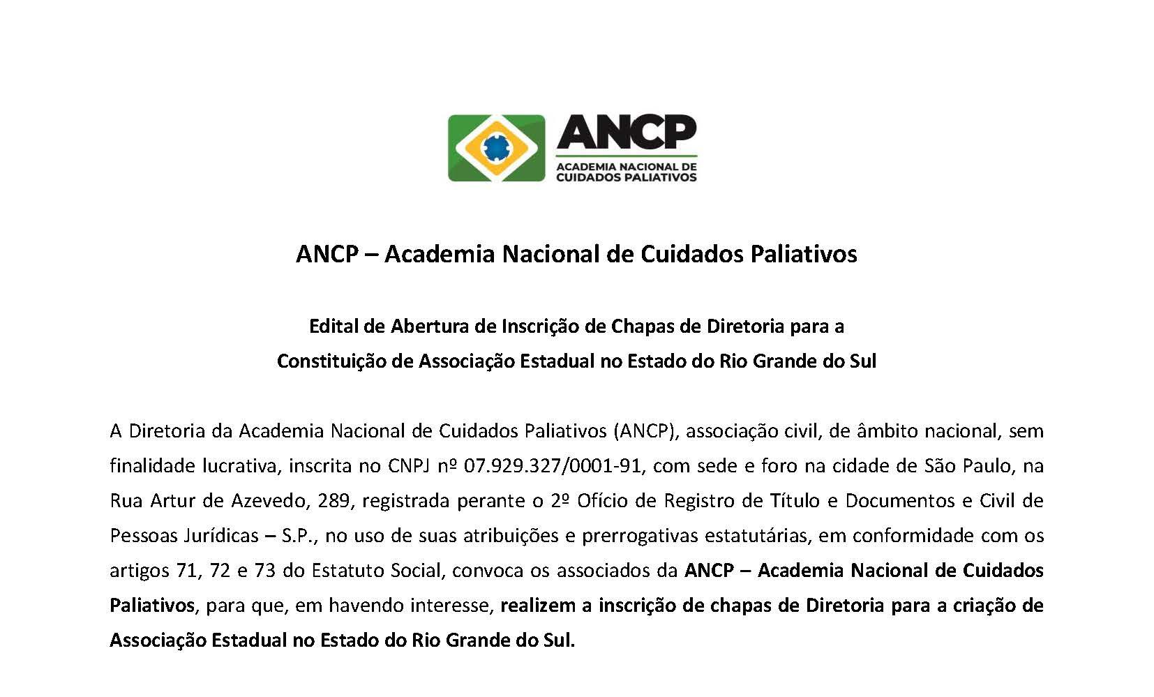 ANCP divulga Edital de Abertura de Inscrição de Chapas de Diretoria Estadual Rio Grande do Sul