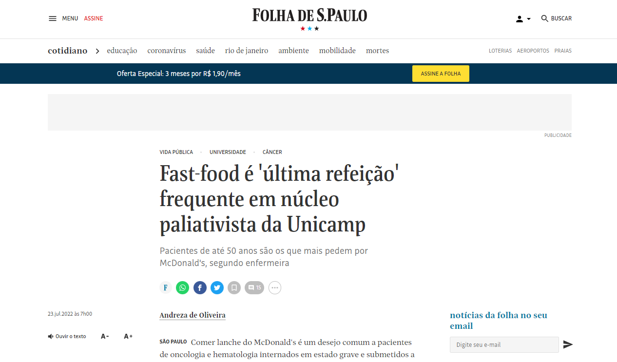 Fast-food é ‘última refeição’ frequente em núcleo paliativista da Unicamp